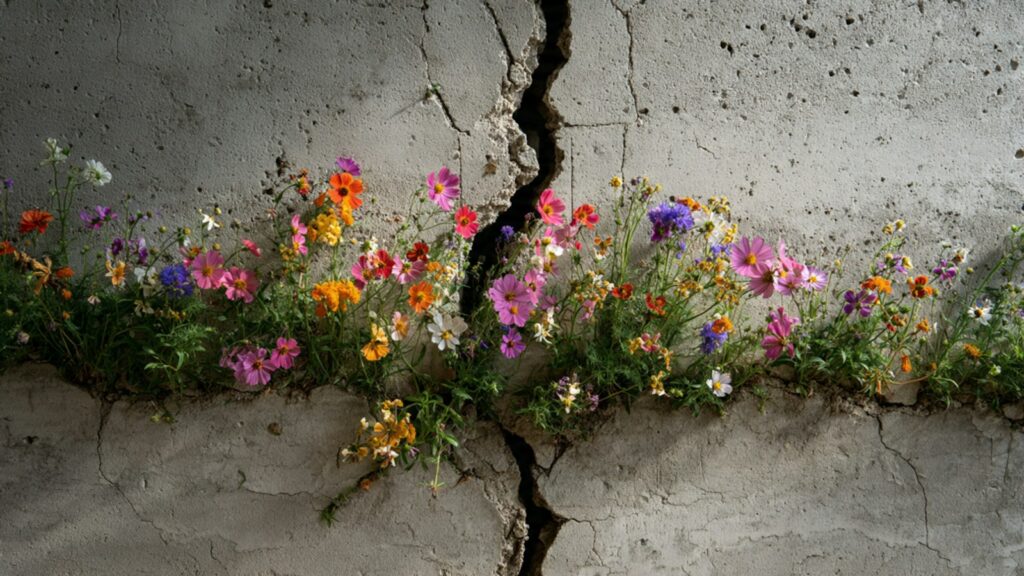 Wildflowers growing through cracked concrete – resilience after trauma